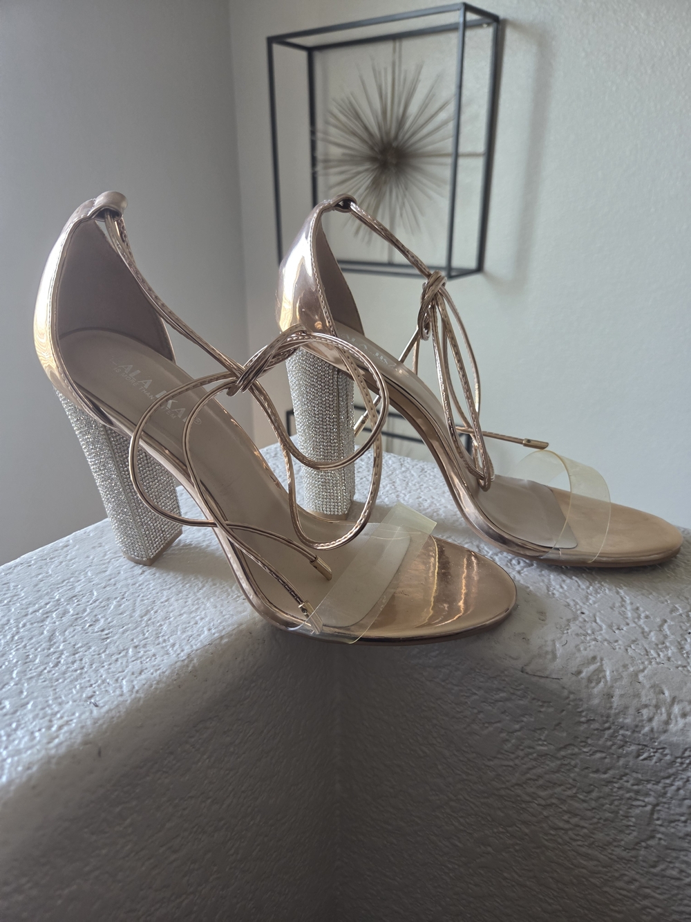 Rose Gold Lace-Up Block Heel Sandals with Crystal Detail